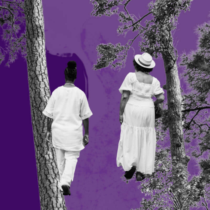 Two figures wearing white walking toward woods. Collaged against a purple background.